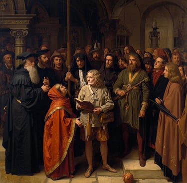 Historical oil painting of a medieval crowd gathered around a man reading from a book.
