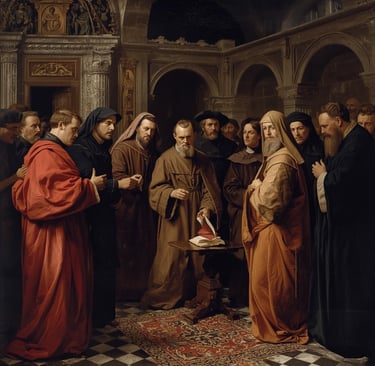 Classical oil painting of Renaissance scholars and monks gathered around a book in a cathedral.