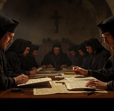 Orthodox monks in black robes studying ancient religious manuscripts at a long wooden table.