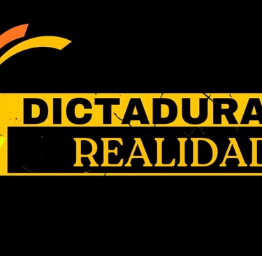 Dictaduras y Realidad logo with yellow and black text and a curved graphic on a black background.