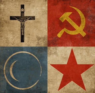 Vintage collage of political and religious symbols including a crucifix, hammer and sickle, and red star.