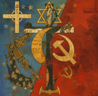 Symbolic collage art merging religious and political icons like the cross, Star of David, and hammer and sickle.