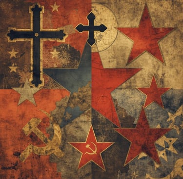 Vintage collage of political and religious symbols including communist hammers, sickles, stars, and crosses.