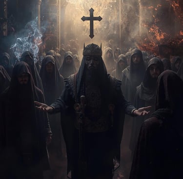 Dark fantasy king in a crown leads a hooded cult under a glowing cross in a smoky cathedral.