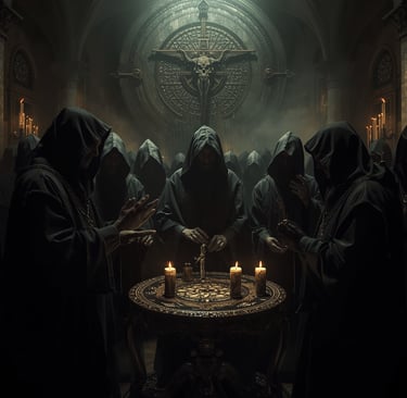 Hooded figures in black robes perform a dark ritual around a candlelit altar in a gothic temple.