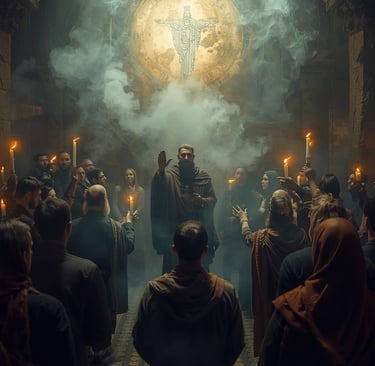 A mysterious hooded figure leads a candlelit ritual in a smoky, ancient temple hall.