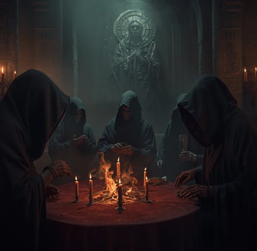Hooded figures in dark robes perform a candlelit ritual around a pentagram table in a gothic temple.