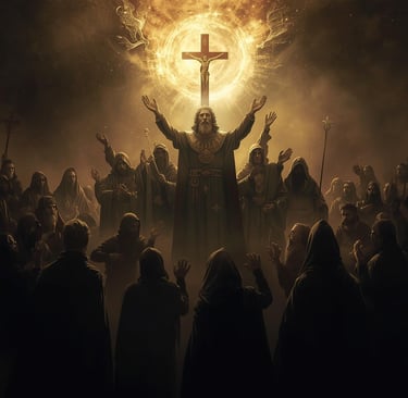 Christian religious painting of a priest leading a prayer under a glowing crucifix with a heavenly light.