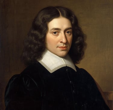 17th-century oil painting portrait of a man with long dark curly hair wearing a black doublet and lace collar.