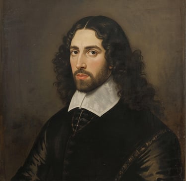 17th-century oil portrait of a man with long dark curls, a beard, and a white collar.