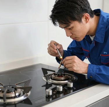 Close-up of stove burners being fixed with professional tools.
