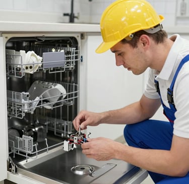 Close-up of hands fixing dishwasher wiring with tools on a workbench.