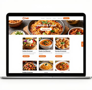 Pantalla de computadora portátil que muestra un moderno sitio web de entrega de comida india con fot