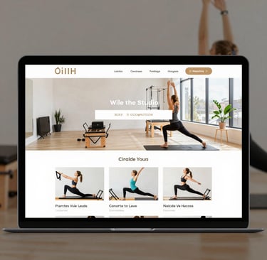 A laptop displaying a modern Pilates studio website with instructors practicing on reformer machines.
