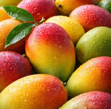 Detalle de mangos coloridos y frescos con hojas verdes, listos para venta al por mayo