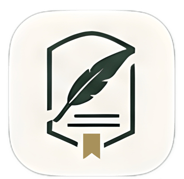 Minimalist quill pen and shield icon representing creative writing and academic storytelling.