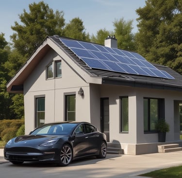 A modern solar power station with hydrogen electrolyzers under a clear blue sky.