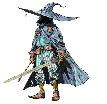 A wizard in a blue cloak with a sword in one hand and a wand in the other