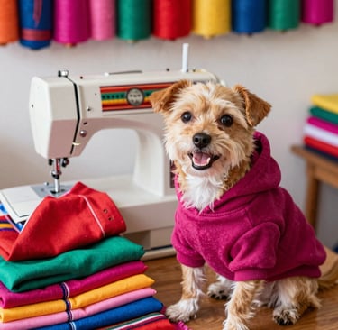 perro pequeño con sudadera con gorro color rosado oscuro, posa junto a telas coloridas