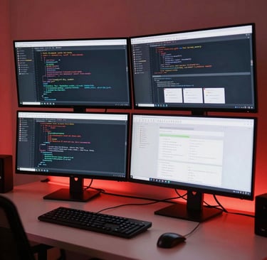 Modern technical workspace with multi-monitor setup displaying lines of clean code and website design layouts, warm ambient crimson lighting accents, high-end professional setup, located in Germany.