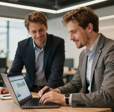 Professional photoshoot in Munich of two IT consultants in smart-casual business wear analyzing a website traffic report on a laptop, friendly and focused, modern office background, warm bright lighting.
