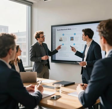 A business meeting in a bright Hamburg office, colleagues discussing a social media content strategy on a digital board, warm natural sunlight, professional attire, candid and authentic style.