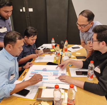 Professional team collaborating on a Scrum framework diagram during a business strategy workshop.