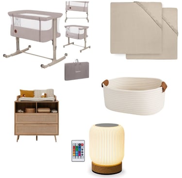 Minimalistische babykamer met een Lionelo co-sleeper wiegje, een houten commode, een rotan mand.