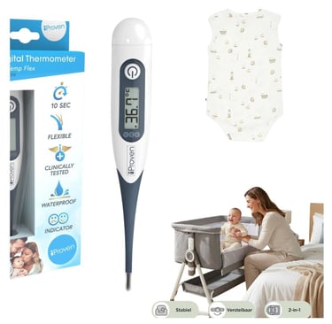 Essentials voor de eerste 30 dagen met je baby, waaronder een iProven digitale babythermometer.