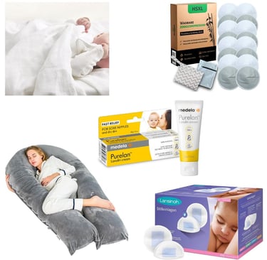 Handige borstvoeding musthaves en kolfproducten op een rij, waaronder een comfortabel voedingskussen