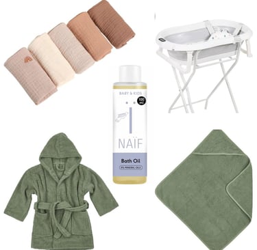 Onmisbare producten voor een milde baby badroutine, waaronder een ergonomisch babybadje