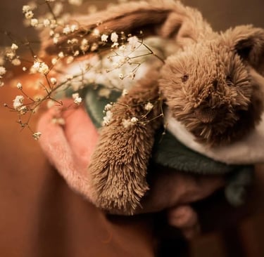 Detail van de bekende Richie knuffel in een warme bruine kleur voor de babyuitzet