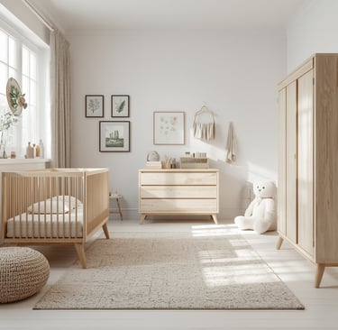 Complete minimalistische babykamer met houten wieg, commode, rotan accessoires, stralend, sereniteit