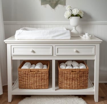 Wit houten commode met rotan manden en netjes opgerolde hydrofiele doeken