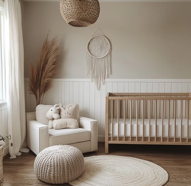 Een rustige en minimalistische babykamer in neutrale beige- en wit-tinten met een houten wiegje, een