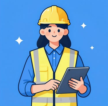 Female civil engineer wearing a white hard hat and plaid shirt at a building construction site.