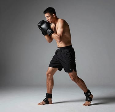 A boxer in a dimly lit gym, shadowboxing with synetiq sensors visible on wrists and ankles.