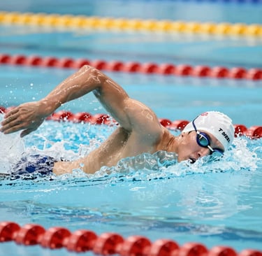 A swimmer cutting through dark water, wearable sensors on wrists and ankles glowing softly underwater.