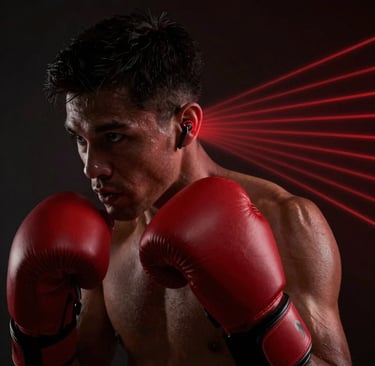 A boxer in a dimly lit gym, shadowboxing with wrist and ankle sensors glowing faintly in burgundy light.