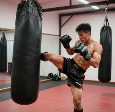 An athlete mid-kickboxing session, sensors visible as they move fluidly in a dark training space.