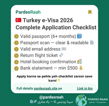 Complete Turkey e-Visa 2026 application checklist featuring requirements like passport, flight, and hotel booking.