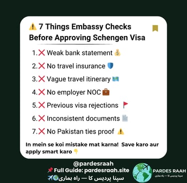 Infographic listing 7 reasons for Schengen Visa rejection like weak bank statements and missing travel insurance.
