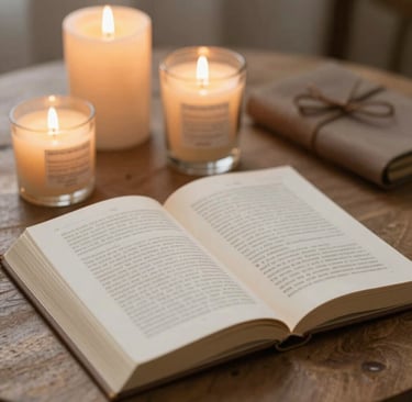 Open book pages with warm bokeh lighting and text reading La voix de Monica in a starburst frame.