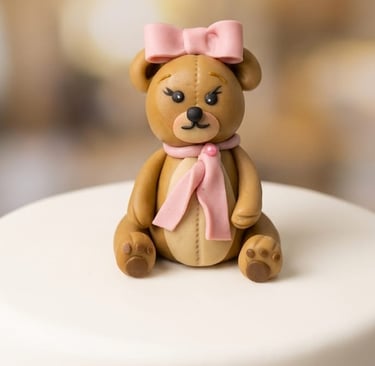 Osita bebé modelada a mano en fondant por Cocina con Ely, diseñada para decorar tortas infantiles y 