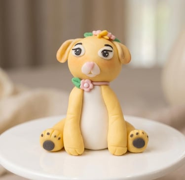 Perrito elaborado en fondant y modelado completamente a mano por Cocina con Ely, diseñado para decor