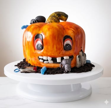 Torta temática de Halloween elaborada por Cocina con Ely, diseñada en forma de calabaza y decorada c