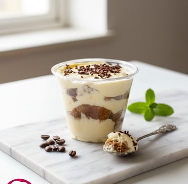 Tiramisú artesanal de Cocina con Ely, elaborado con una suave crema a base de queso crema, biscotela
