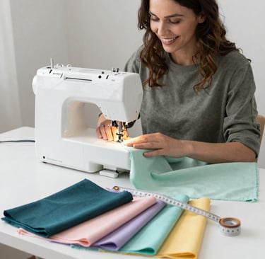 imagen de una mujer sentada frente a maquina de coser con telas y cinta metrica