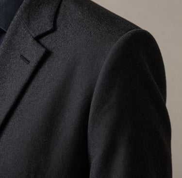 A close-up, high-end fashion or portrait detail showing the texture of an elegant fabric in dark charcoal and the soft curve of a shoulder. The composition is understated and artistic, with a focus on sensitive lighting and a refined aesthetic.