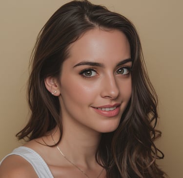 A young woman with wavy brown hair and natural makeup smiling for a portrait against a beige background.